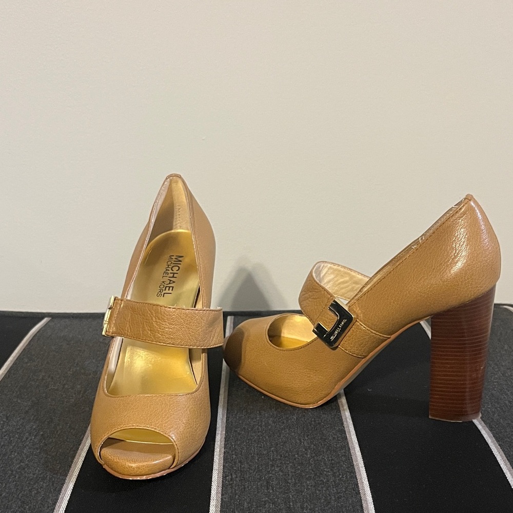 Michael Kors Camel Peep-Toe Block Heels